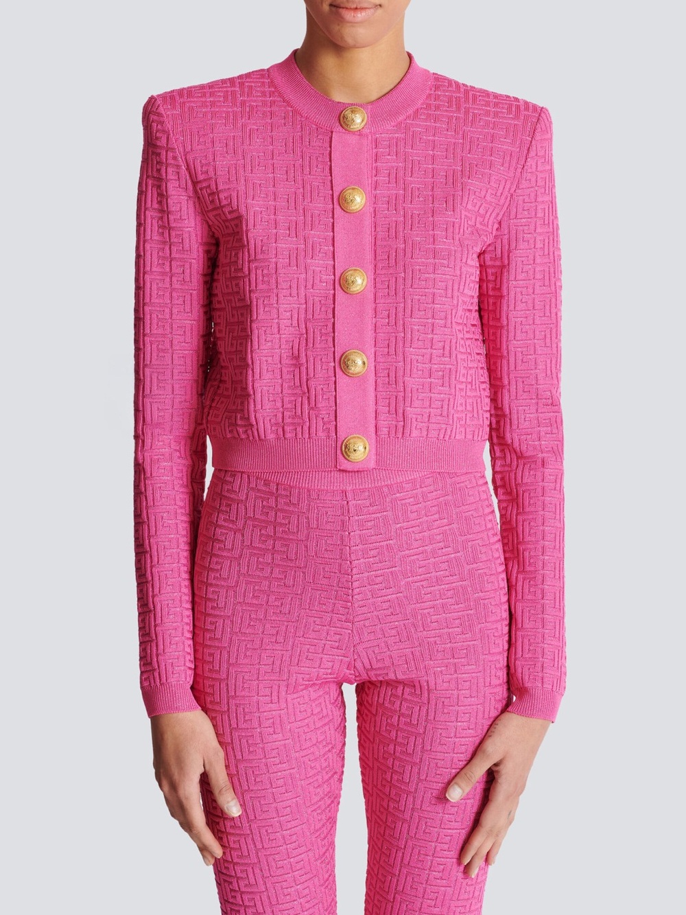 BALMAIN Cropped Monogrammed Knit
Cardigan In Pink